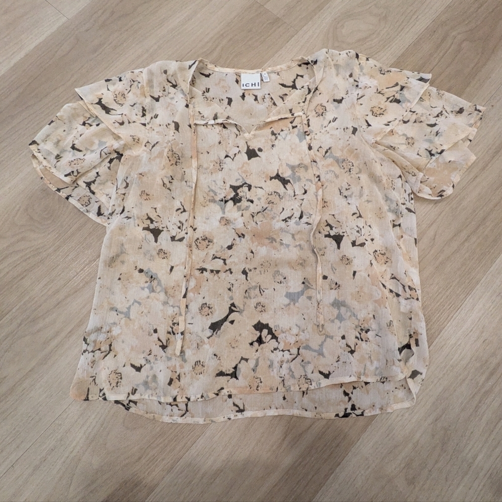 Ichi Sheer Short Sleeve Ihkanui Abstract Patterned Light Weight Blouse Size 38